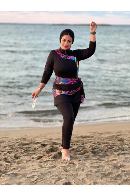 بوركينى رائع للسباحة لون اسود كامل مع رسومات مبهجة